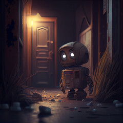 Mini robot in the dark. Generative AI Content.
