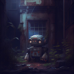 Mini robot in the dark. Generative AI Content.
