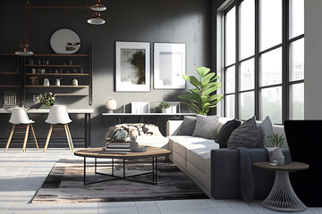 Modern Grey and White Industrial Living Room 3. Generative AI.