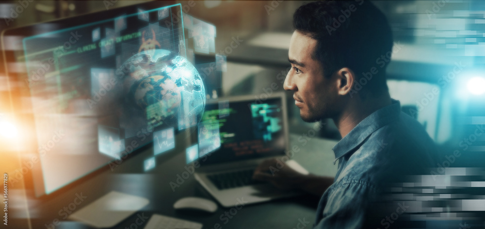 Leinwandbilder creative businessman, hologram and digital transformation in crypto trading at night double exposure