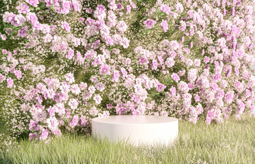 Natural beauty podium backdrop with spring flower field.