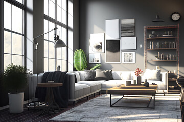 Modern Grey and White Industrial Living Room 4. Generative AI.