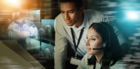 Business people, call center and digital marketing hologram for telemarketing advice or desktop...