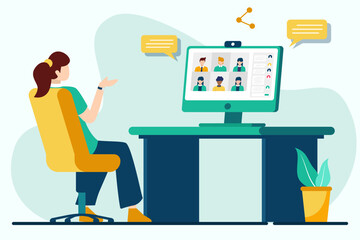Young businesswoman is having a video conference with collogues. Flat vector illustration design for work from home conceptual 