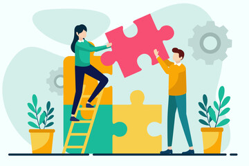 Man and woman assembling jigsaw puzzle together. Teamwork concept vector illustration in flat style for web landing page