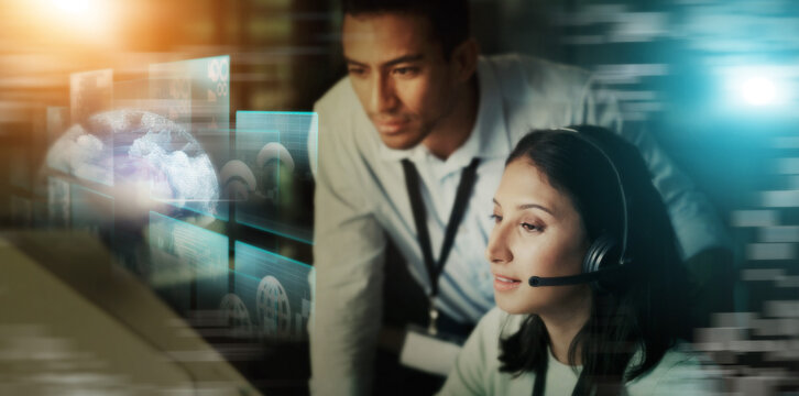 Business people, call center and digital marketing hologram for telemarketing advice or desktop support in double exposure. Consultant in global communication with online, big data or help on overlay