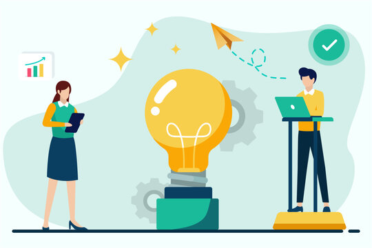 Flat design vector illustration concept of teamwork and brainstorming with light bulb and business people.