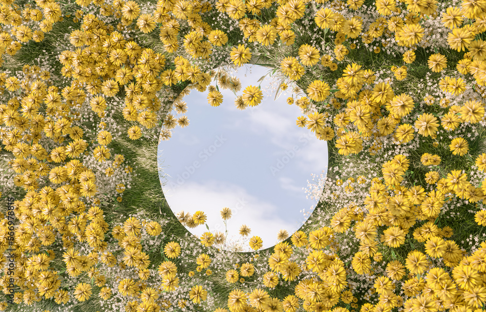 Poster Sky reflection in mirror on spring flower field. 3d rendering.