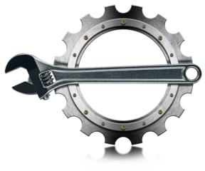 Closeup of a modern stainless steel adjustable wrench on a metal gear (cogwheel), isolated on white or transparent background with copy space and reflection, photography, png.