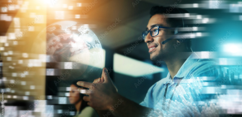 Aufkleber businessman, hologram and global communication in call center for futuristic it support or digital t
