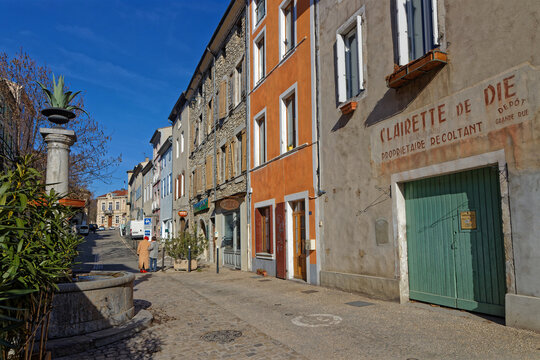 SAILLANS, France, January 30, 2023 : Main street of Saillans, a village of Drome department, known for its wine, the Clairette