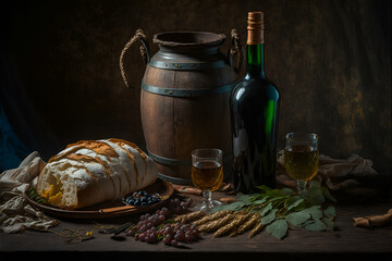Naklejka na ściany i meble Still life with white wine, fresh bread and grapes.