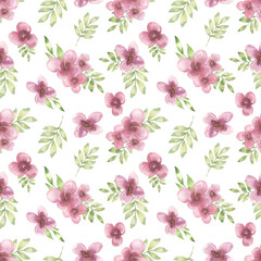 Watercolor pink flowers and greenery leaves branch seamless pattern, little flowers bouquet repet paper, textile design, floral background