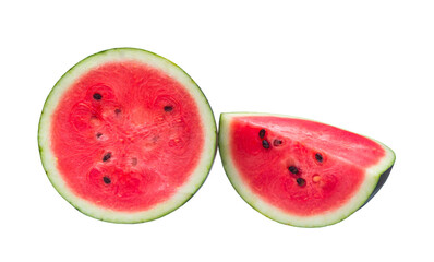 Two halves of fresh ripe red watermelon isolated on white background with clipping path, Concept of healthy organic fruit eating