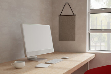 Minimal Scandinavian working space with desktop computer mockup on wooden table. 3d render