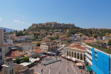 Monastiraki famous square in the northern footsteps of Acropolis hill. Travel to Athens, Greece.