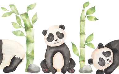 Watercolor cute panda with florals illustration . Seamless border pattern of black and white panda animal, stone, green bamboo leaves and flowers