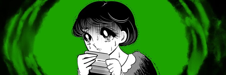 70年代昭和レトロ少女漫画預金残高が給料前でピンチ青ざめる黒髪女性の白黒イラストとお札が飛んでいく背景