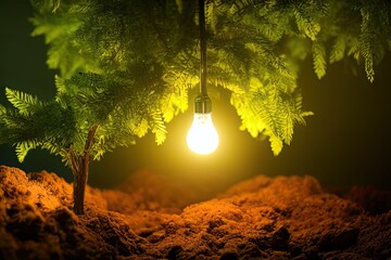 High-Resolution Image of an Inspiring Tree Growth with Light bulb Enlightening the Scene, Showcasing that Great Ideas can Make you Rich. Perfect for Adding a Brilliant Element to Your Design Project