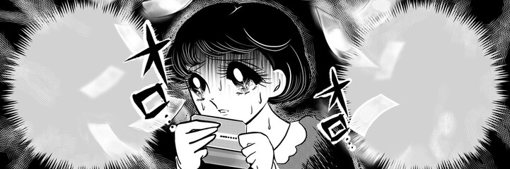 70年代昭和レトロ少女漫画預金残高が給料前でピンチ青ざめる黒髪女性の白黒イラストとお札が飛んでいく背景