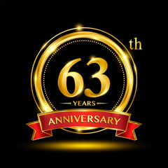 63th Anniversary logo design with golden ring and red ribbon for anniversary celebration event. Logo Vector Template Illustration