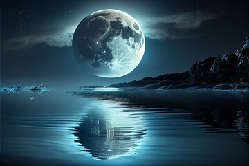 Night moon in space over the sea in cyan tones
