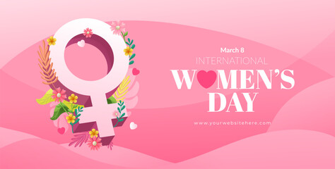 International Women's Day March 8 Celebration With Woman Symbol and Colorful Flowers Banner