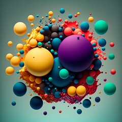Colorful spheres, floating, breaking apart, liquid