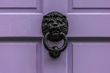 Heavy black cast iron lion door knocker on a purple wooden door.