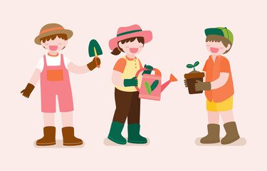 Big isolated cartoon character vector illustration of Cute kids gardening on garden out side home , flat illustration