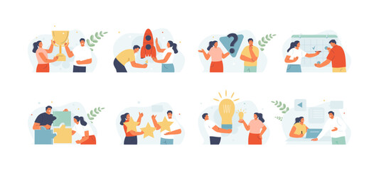 Team man and woman in different business situations. Idea, planning, success, collaboration, feedback, problem solving. Vector illustration set