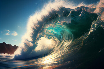 Tropical blue surfing wave. Generative Ai. No people. Beautiful deep blue tube wave in the Ocean.