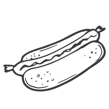 Vector illustration. Hand drawn doodle of hot dog with mustard. Unhealthy food. Cartoon sketch. Decoration for menus, signboards, showcases, greeting cards, posters, wallpapers