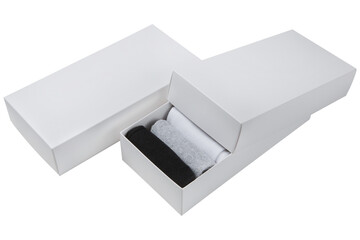 Two gift sets of socks in white boxes, one box is partially open, on a white background, isolate
