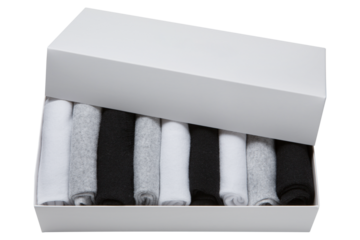 Gift set of socks in a white box, nine socks, the box is partially open, on a white background, isolate