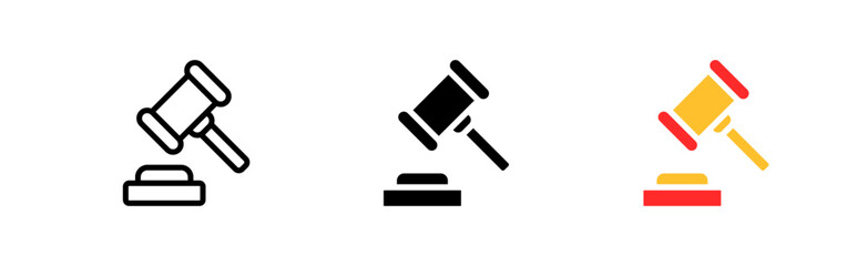 Gavel set icon. Law, lawyer, hammer, judge, court, constitution, right, justice. Jurisprudence concept. Vector icon in line, black and colorful style on white background