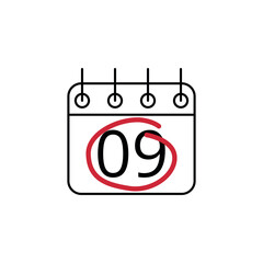 Flat icon of calendar marking day 09 with red line.