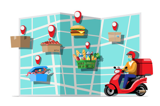 Big isolated Motorcycle vector colorful icons, flat illustrations of delivery by motorcycles through GPS tracking location. delivery bike,  food delivery, instant delivery, online delivery.