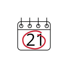  Flat icon of calendar marking day 21 with red line.