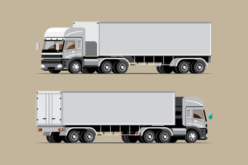 Big isolated vehicle vector icons set, flat illustrations various view of truck, logistic commercial transport concept.