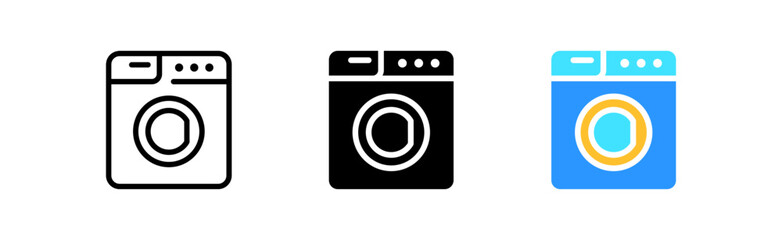 Washing machine set icon. Laundry, clean, cleaning, stain, clothes, fabric, powder, water, kitchen, bathroom, people, home, family. Vector icon in line, black and colorful style on white background
