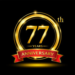 77th Anniversary logo design with golden ring and red ribbon for anniversary celebration event. Logo Vector Template Illustration