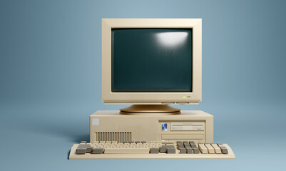 Retro 1990s style beige desktop PC computer and monitor screen and keyboard.  3D illustration. - obrazy, fototapety, plakaty