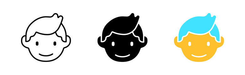 Boy line icon. Man, boyfriend, son, grandson, brother, friend, student, student, hair, age, hairstyle, emotions, joy. People concept. Vector icon in line, black and colorful style on white background
