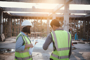 Two specialists inspect commercial, Industrial building construction site. Real estate project with civil engineer, designing commercial buildings on paper. Skyscraper concrete formwork frames.