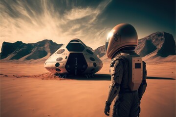 Fototapeta na wymiar astronaut and spaceship on mars made with generative ai