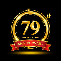 79th Anniversary logo design with golden ring and red ribbon for anniversary celebration event. Logo Vector Template Illustration