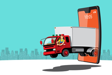 Big isolated vehicle vector colorful icons, flat illustrations of delivery by van through GPS tracking location. delivery vehicle, goods and  food delivery, instant delivery, online delivery.