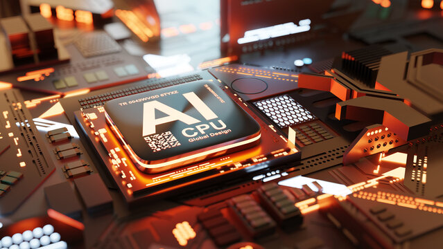 Future AI Artificial Intelligence powered by CPU processors. 3D technology background.