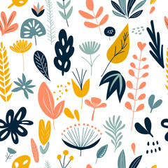 background with leaves and flowers seamless in flat style, gentle colors